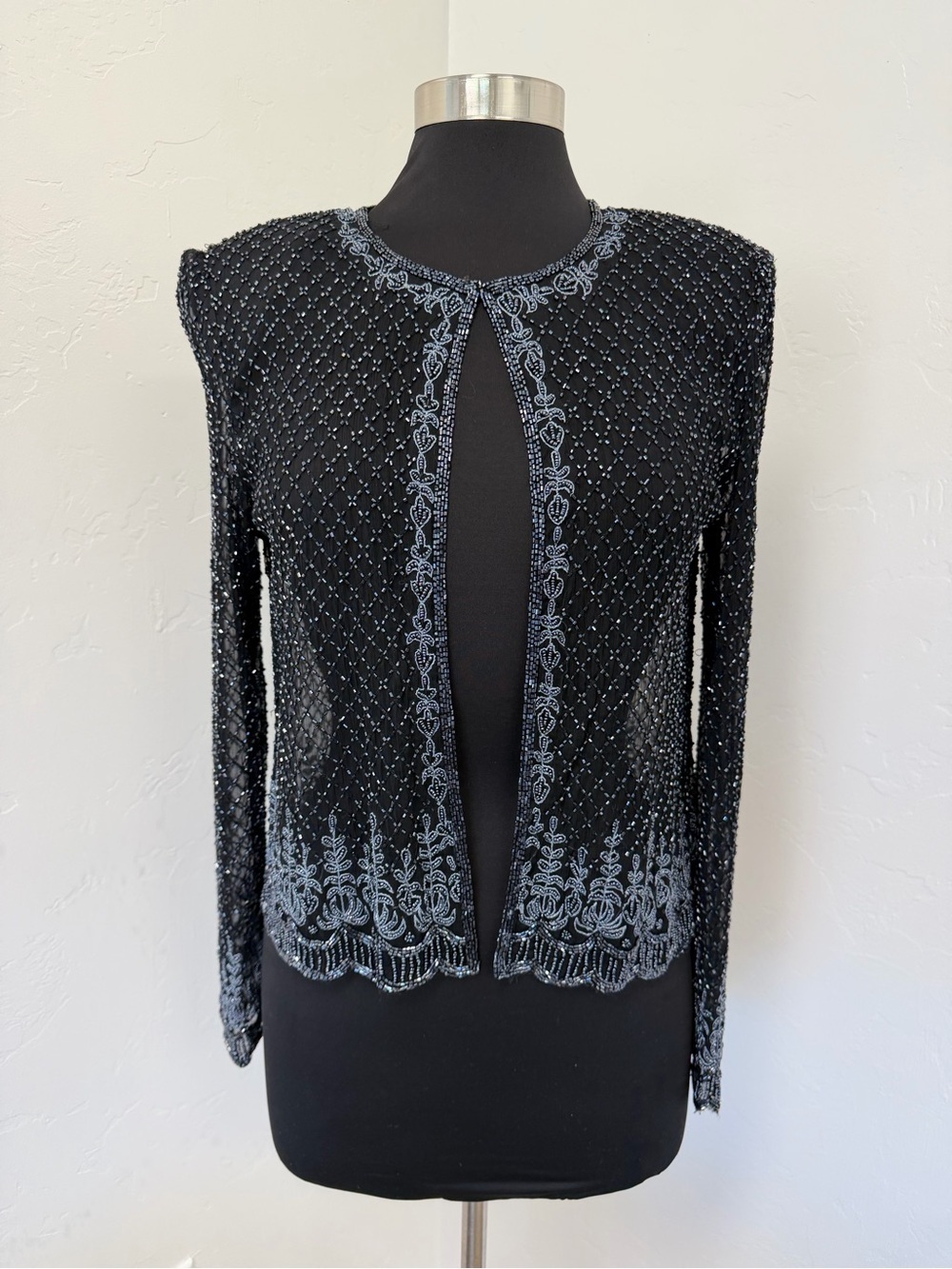 Stenay Silk Vintage Embroidered Black Beaded Open Evening Cardigan Size 10
